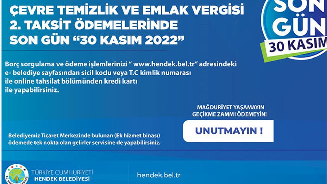 Hendek Belediyesinden Uyarı, Son Gün 30 Kasım