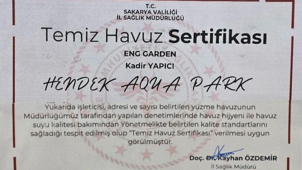 Hendek Aqua Park’a Temiz Havuz Sertifikası