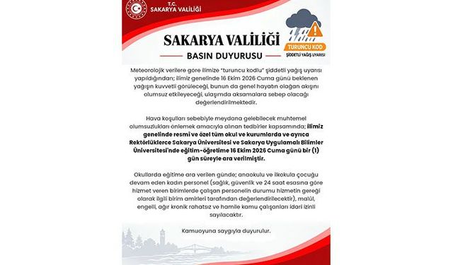 Sakarya Genelinde Eğitim 1 Gün Daha Tatil Edildi