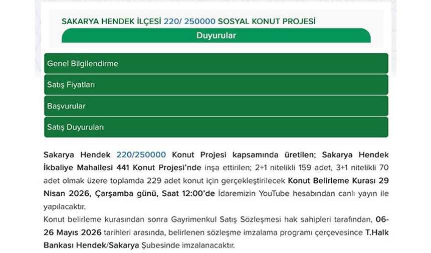 Hendek TOKİ Konut Belirleme Kurası 29 Nisan’da…